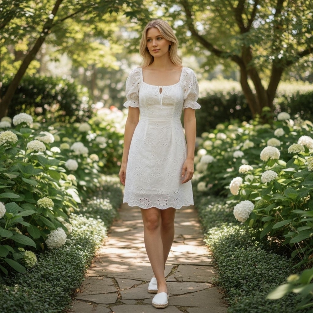 7 For All Mankind White Eyelet Boho Cottagecore Puff Sleeve Mini‎ Dress S